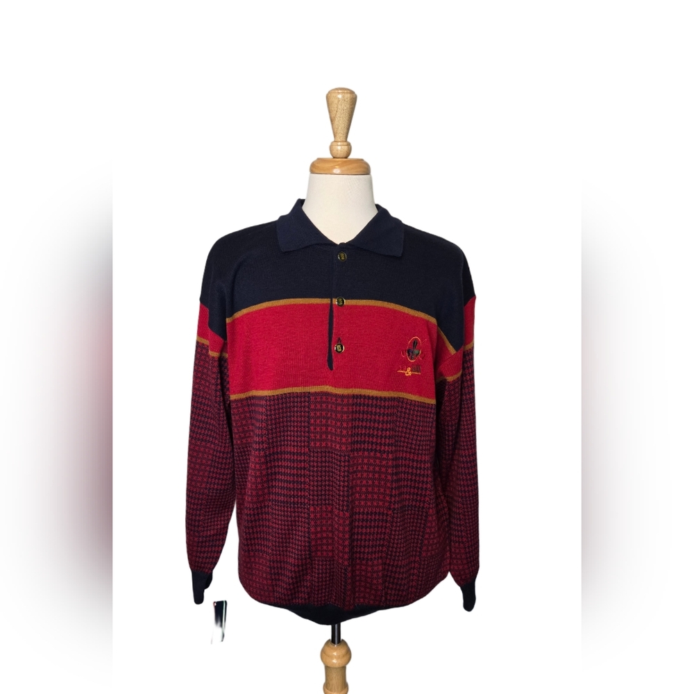Vtg Sea & Sark Made in Italy Wool Knit Polo Sweater XL Check Pattern‎ 80s 90s